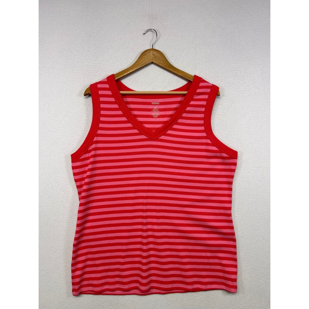 Casual Preppy Sonoma Goods For Life Womens 3X Red Pink Striped V-Neck Tank Top